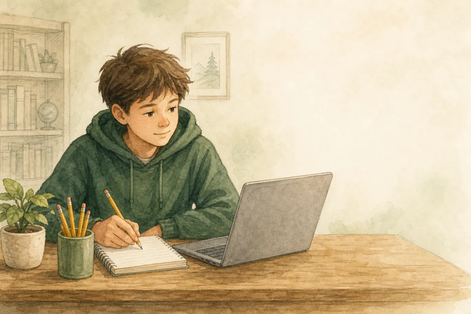 A student working through homework at a desk with a notebook and laptop